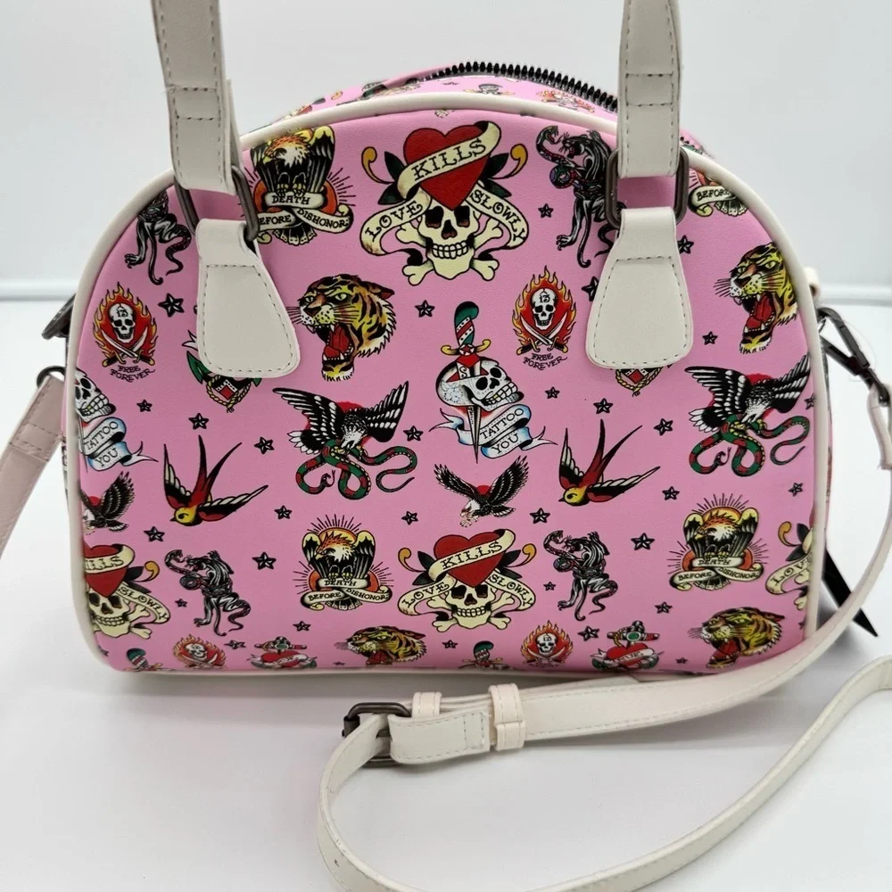 Ed Hardy Tattoo Women’s Skull & Roses Print Pink WeekenderCrossbodyShoulder Bag